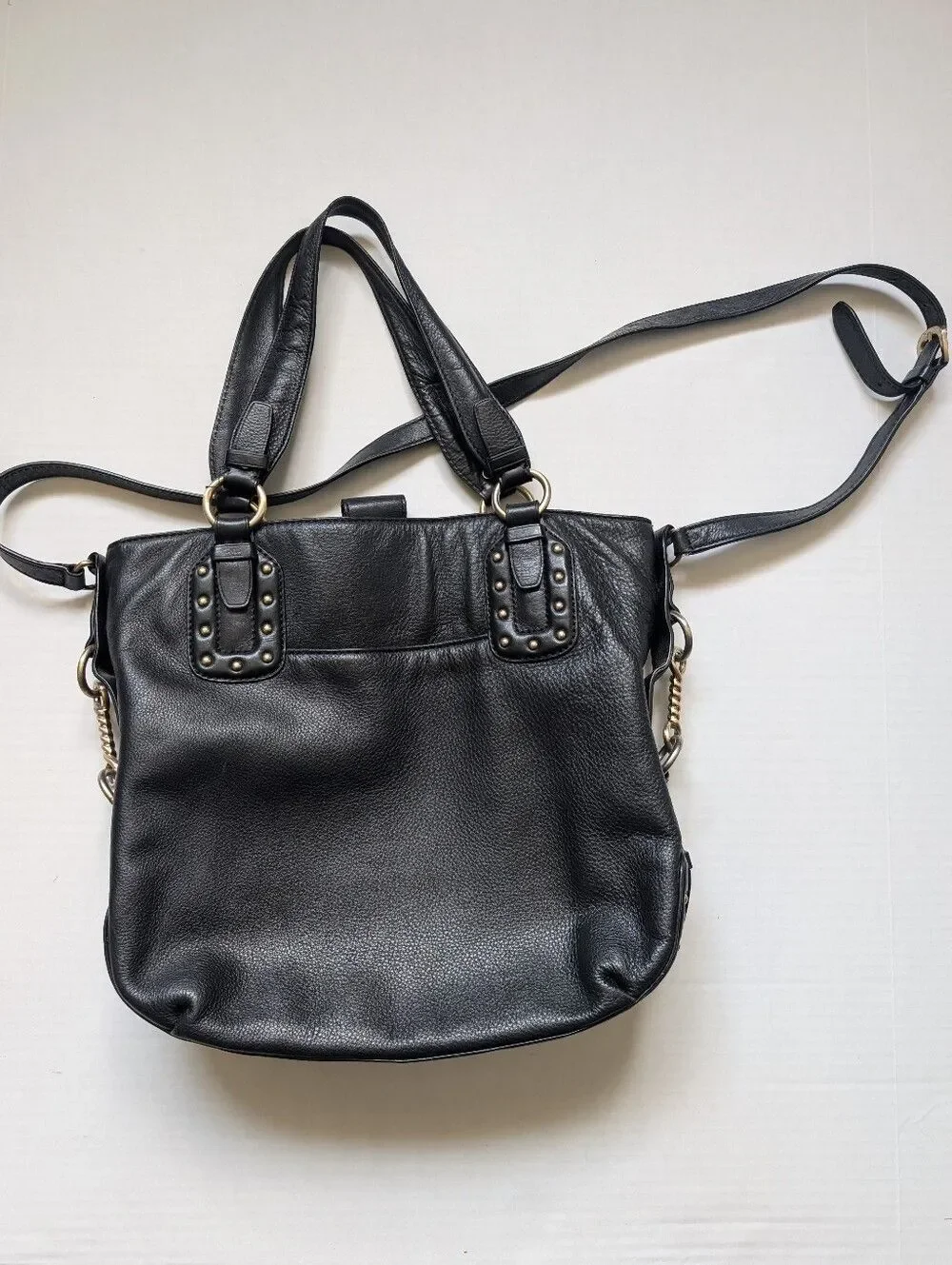MICHAEL KORS Large Black Leather Studded Twisted Buckles Shoulder Tote Bag